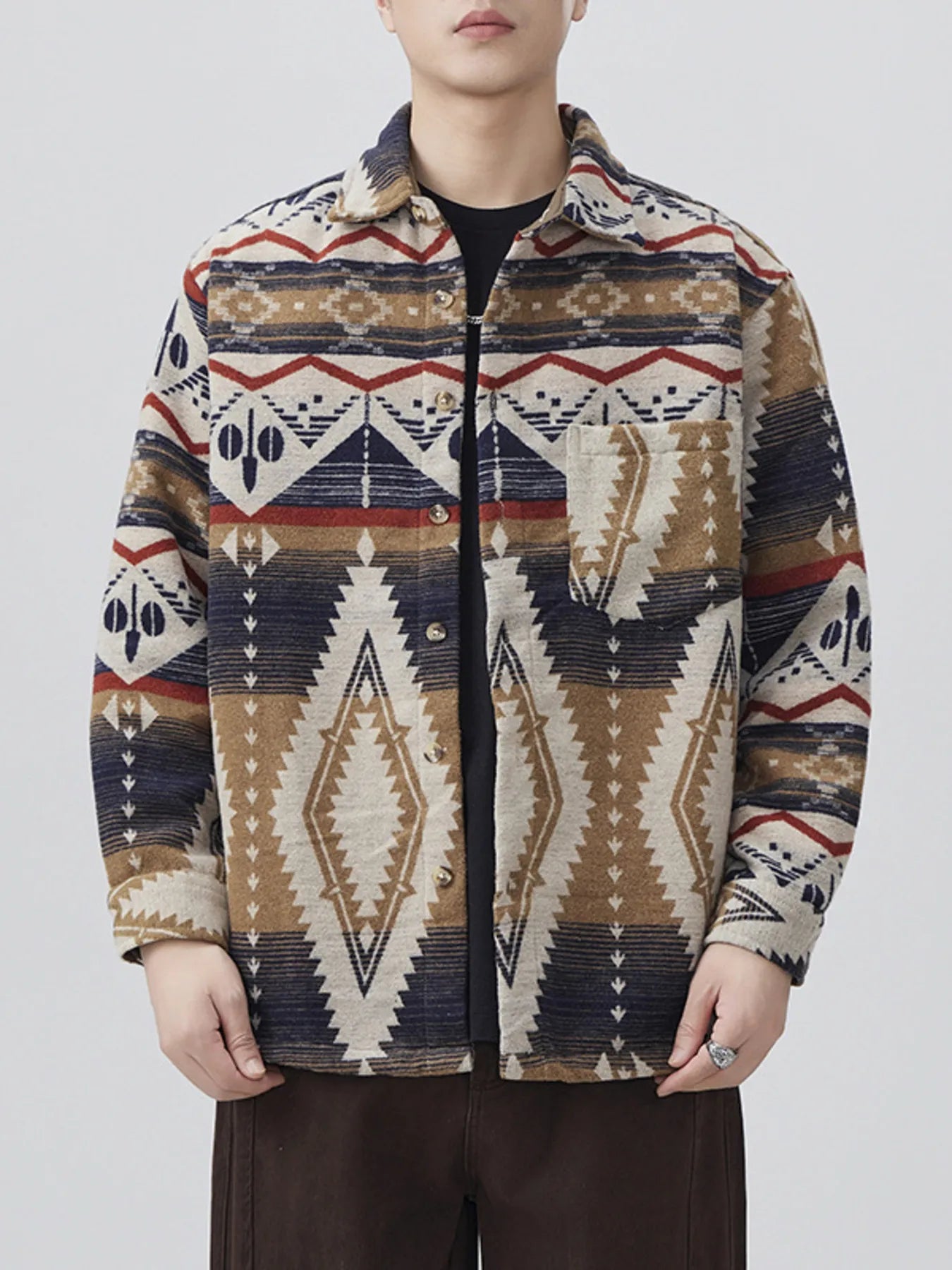 Men's Plus Size Button Down Shirt with Pocket - Oversized, 68% Cotton, No Stretch; featuring a stylish tribal pattern in beige, blue, and red tones.